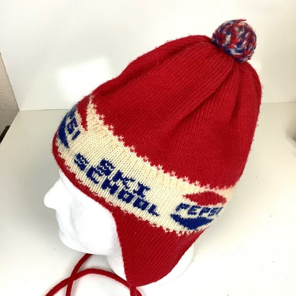 Vtg 1970s Pepsi Ski School Knit Beanie Hat Cap Red White Blue Pom Pom Winter USA - Picture 2 of 11